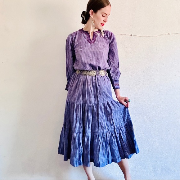 80s VTG Cotton Purple Plaid Mexican Indian Embroidered Skirt Folk Art Skirt Set - Picture 10 of 16